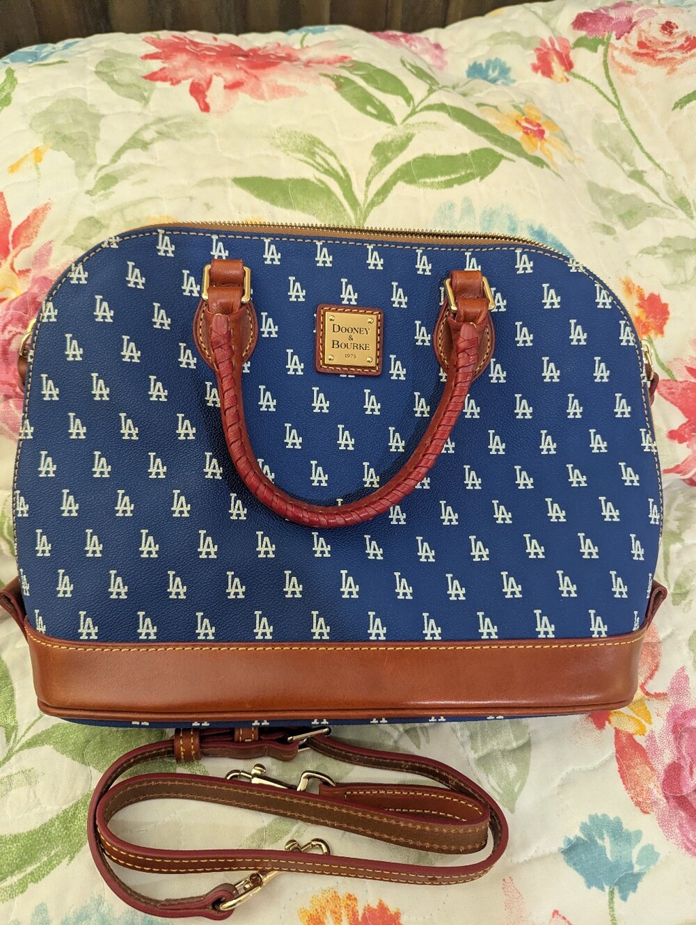 Dooney & Bourke Blue LA Monogram Dome Satchel with Brown Trim and Leather Strap